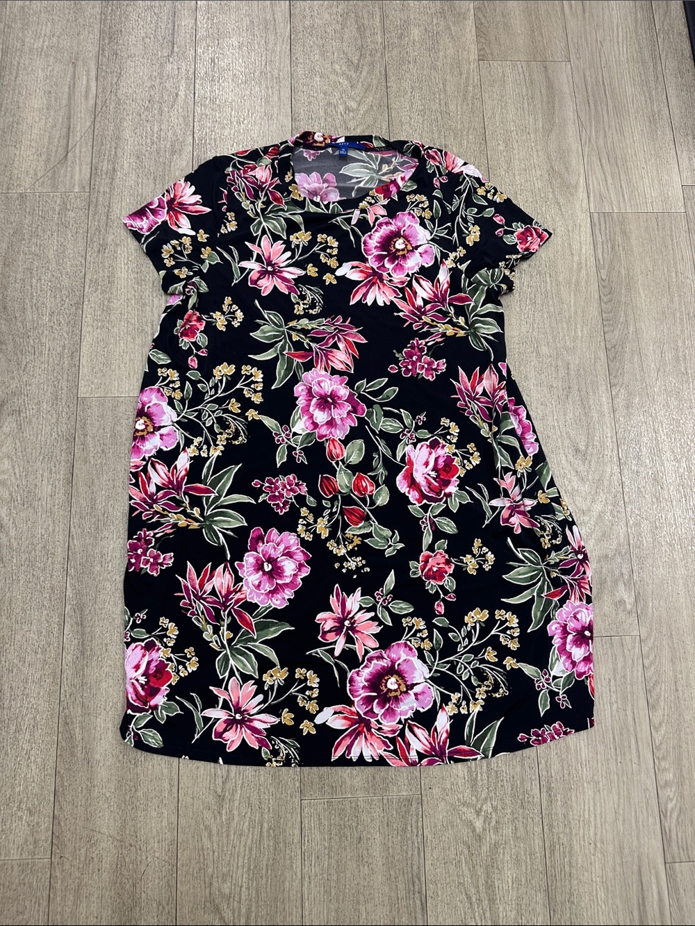 Black Floral Short Sleeve Dress with Pink Blooms